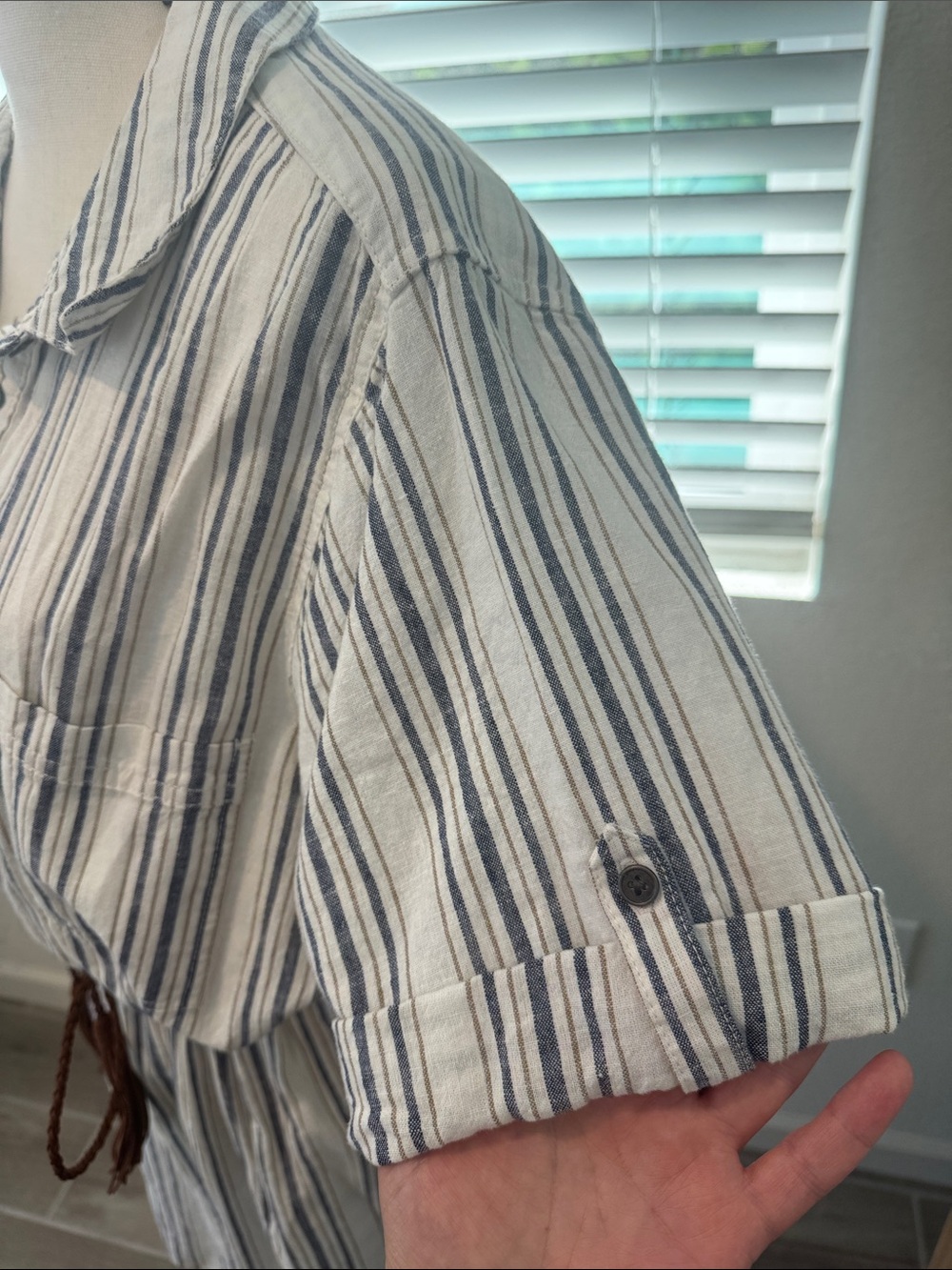 Striped Shirt Midi Dress with Tassel Belt - White/Blue - Picture 5 of 14